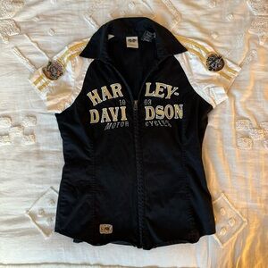 Vintage Harley-Davidson Black and White Zip-Up Top with Yellow Accents